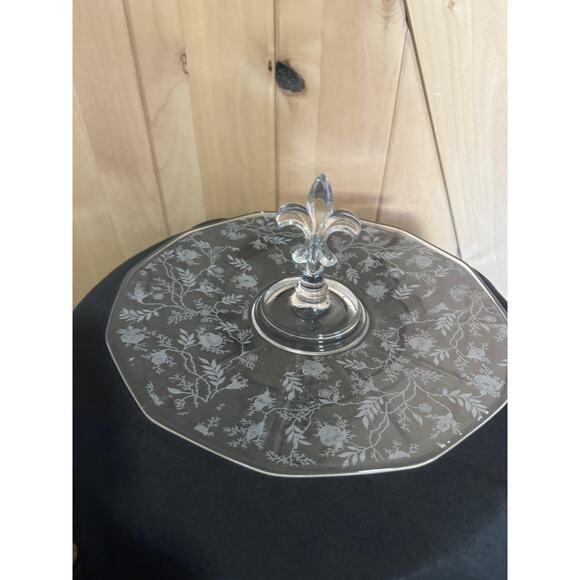 Vintage Fostoria Floral Chintz Crystal Fleur de Lis Center Handle Tray 11.5" - Picture 8 of 8
